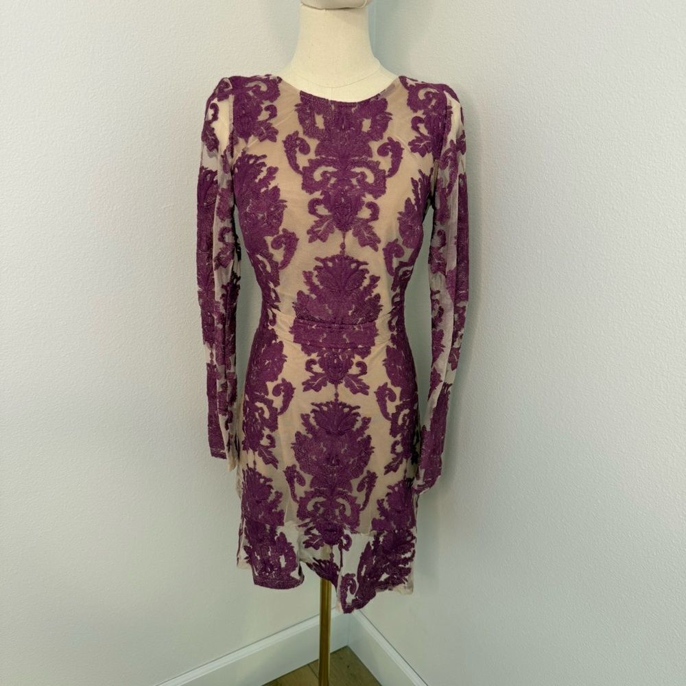 For Love And Lemons Purple Lace Long Sleeve Sheer Bodycon Dress